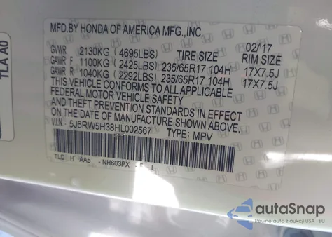 2017 Honda Cr-V Lx z USA, uszkodzony, nr VIN 5J6RW5H38HL002567